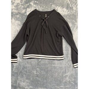 90 degree by reflex Lace-Up Black Long Sleeve Top With Striped Trim Accents M